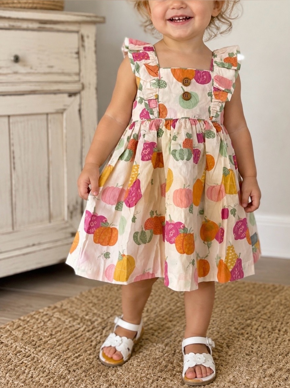 Eleanor Rose Cream Pumpkin-Print Ruffle Strap Dress with Pink & Orange Accents
